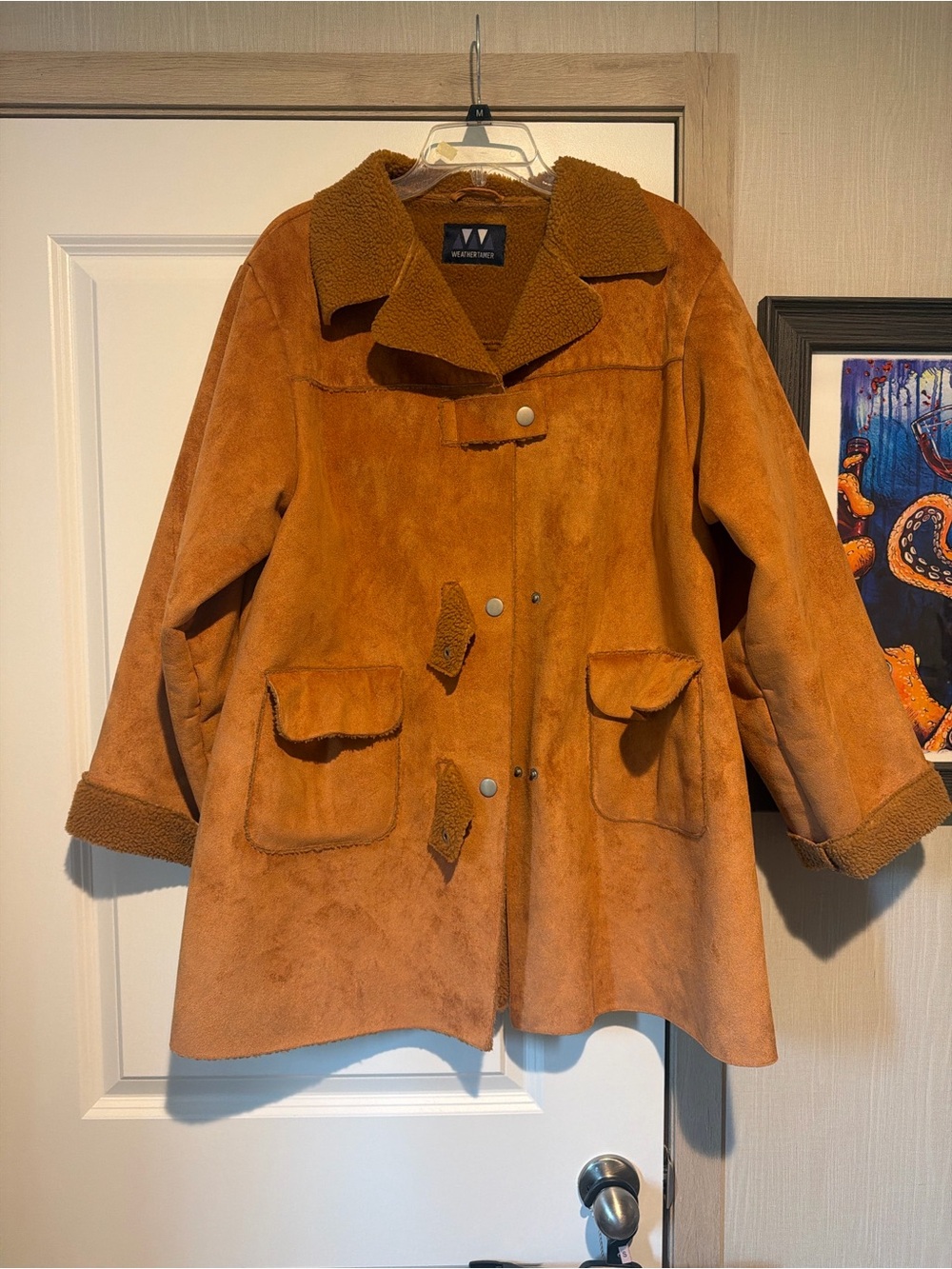 Women's Tan Teddy-Lined Suede-Effect Coat